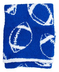 a blue rug with white circles and letters on it, in the shape of a circle