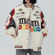 M&M Letterman Jacket | Unisex Varsity Jackets | H0NEYBEAR – h0neybear M&m Jacket, Letterman Jacket Outfit, Ae Outfits, Vintage Racing Jacket, Vintage Varsity Jacket, Chica Cool, College Jackets, M Logo