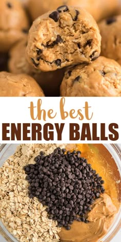 the best energy balls recipe with chocolate chips, oats and peanut butter on top