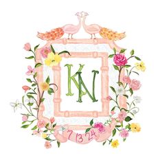 the letter k is surrounded by flowers and two flamingos in a pink frame with floral accents