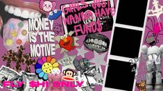 a collage of photos and stickers on a pink background with the words money is the motive