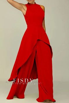 Fisdy - Refinado conjunto de dos piezas negro sólido de patchwork plisado halter de manga larga Pleated Pants Outfit, Halter Long Sleeve, Dress With Gloves, Pants Outfit Fall, Blue Two Piece, Spaghetti Strap Mini Dress, Polyester Pants, Elegant Red, Asymmetrical Tops