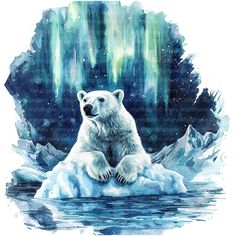 a polar bear sitting on top of an iceberg in front of the aurora bore