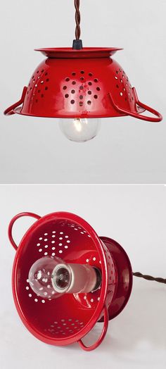 a red light hanging from a ceiling next to an image of a colander lamp