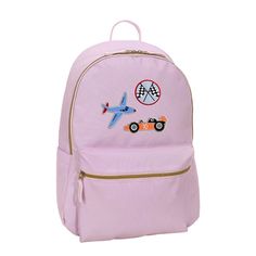 a pink backpack with patches on the front and side pockets, featuring an airplane and a car