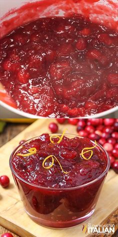 cranberry sauce in a glass bowl on a cutting board next to fresh cranberries