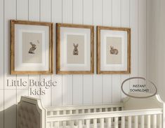 three framed pictures hang on the wall above a baby's crib