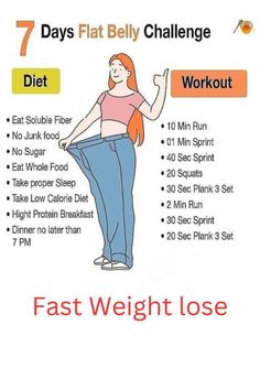 the 7 day flat belly challenge is shown with an image of a woman in blue jeans and