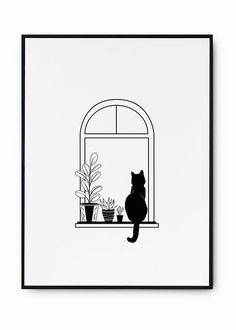 a black and white drawing of a cat sitting on a window sill with potted plants