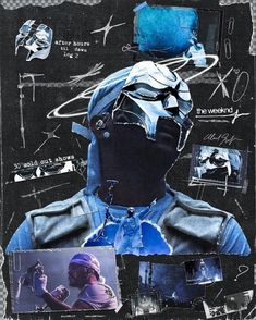 a collage of photos and artwork with an image of a man wearing a helmet