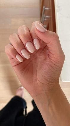 Nails. #almondshapenails #milkywhitenails Milk Colored Nails, Short Oval Milky White Nails, Milky Tan Nails, Crème Colored Nails, Neutral Nails For Winter, Milk White Almond Nails, Almond Milky White Nails, Milky White Nails Ideas, Oat Milk Nails