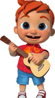 a cartoon boy holding a guitar and smiling