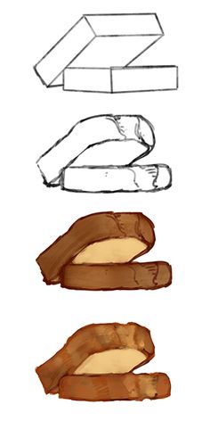 three different types of bread are shown in this drawing technique, with one being sliced and the other is unwrapped