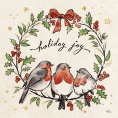 a holiday card with three birds sitting in a wreath