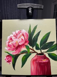 a painting of pink flowers in a red vase