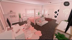 a bedroom with pink walls and white furniture