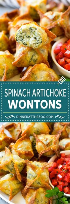 spinach artichoke wontons on a white plate with red and green salsa