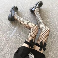 Cute Bowknot Fishnets Black Fishnets, Thigh High Socks, Black Stockings, Fishnet Stockings, Long Socks, Lace Bows, Knee Socks