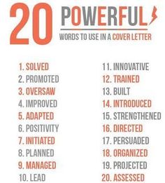 an orange and white poster with the words 20 powerful words to use in a cover letter