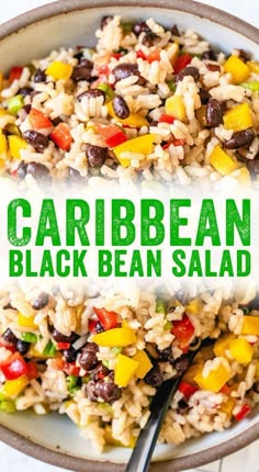 a bowl filled with rice, beans and vegetables next to the words caribean black bean salad