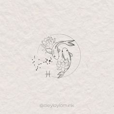 a drawing of a koi fish in a circle with flowers on it's side