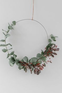 a wreath made out of eucalyptus leaves and red berries hanging on a wall with a string