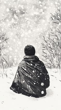 a black and white drawing of a person sitting in the snow