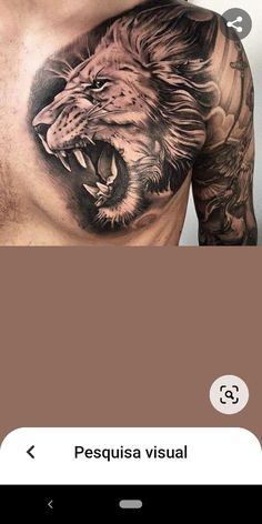 a man with tattoos on his chest has an image of a lion and the words pesquia visual