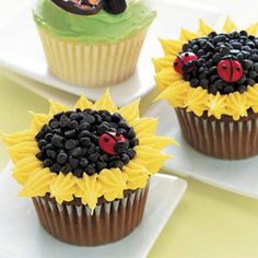 three cupcakes decorated with sunflowers and ladybugs are on plates