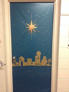 a door decorated with a nativity scene