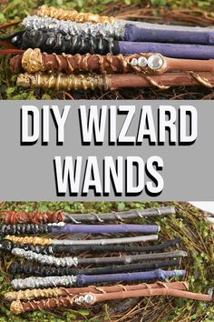 the words diy wizard wands are displayed in front of an image of several different types