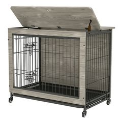 a dog cage with wheels and a wooden top