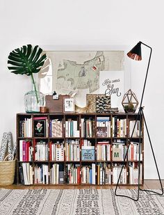 a bookshelf filled with lots of books next to a plant