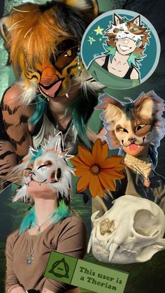 a collage of photos with cats, skulls and other animal related items on them