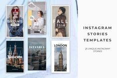 the instagram stories templates are displayed on a marble background with various photos and text