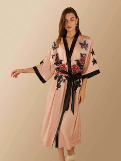 Best Pink Rose Silk Bathrobe For Women | Kimono Dressing Gown - Ulivary Butterfly Kimono, Rose Butterfly, Pink Kimono, Velvet Kimono, Silk Kimono Robe, Long Gown Dress, Floral Robes, Bride Gift, Pajama Party