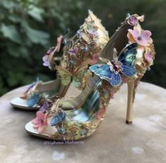 Magical Heels, Enchanted Tea Party, Tea Party Shoes, Vishma Maharaj, Whimsical Shoes, Bedazzled Shoes, Magic Shoes, Shoe Makeover, Fairy Shoes