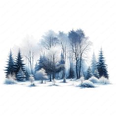 a painting of trees and snow in the woods