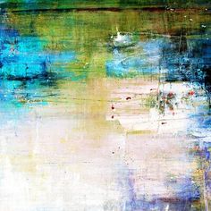 an abstract painting with blue, green and white colors on the bottom half of it