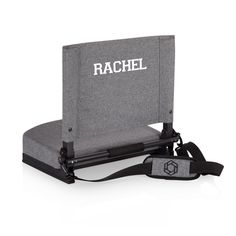 a chair with the name rachel on it and strap around it's back end