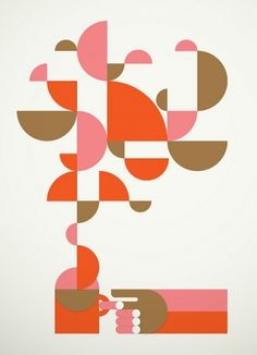 a poster with an abstract design in pink, orange and brown