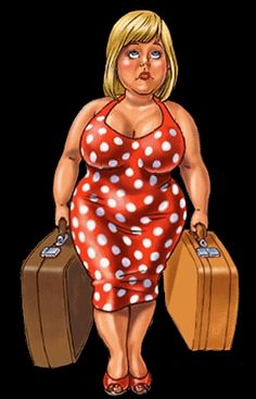 a woman in a red polka dot dress carrying two suitcases and a brown bag