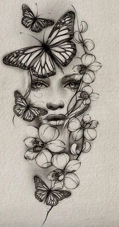 Alpha Woman Tattoo, Woman Face Flower Tattoo, Thigh Tattoos Women Drawing, Womans Leg Tattoo Ideas, Unique Quarter Sleeve Tattoos For Women, Face With Butterfly Tattoo, Woman Face Tattoo Design Drawings, Stencil Tattoo Ideas For Women, Unique Half Sleeve Tattoos For Women Lower Arm