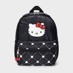 This Hello Kitty Mini Backpack in black will be your kid's new favorite way to carry their belongings. Made of woven polyester fabric, this 11-inch backpack features an adorable Hello Kitty graphic with diamond-checkered patterns for a eye-catching look. With adjustable straps for a comfortable fit, this 6-liter backpack features a large interior compartment and two bottle holders. Plus, it has a zip pocket closure with charms for a cute touch. Hello Kitty Backpack, Backpack Art, Kitty Backpack, Hello Kitty Aesthetic, Plush Backpack, Luggage Backpack, Back Bag, Mini Bows, Pink Backpack