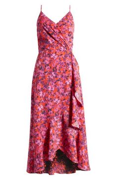 Vibrant blooms pop on this fiery sleeveless midi, fashioned with a wrapped bodice and a ruffled high/low skirt. 33" center front length; 42" back length (size Medium) Hidden back-zip closure Surplice V-neck Adjustable straps Lined 99% polyester, 1% spandex Machine wash, line dry Imported Dresses Chelsea 28 Wrap Dress, Sleeveless Wrap Dress For Summer Parties, Fitted Sleeveless Wrap Dress With Ruched Details, Fitted Sleeveless Ruched Wrap Dress, Pink Ruched Dress With Surplice Neckline, Pink Asymmetrical Midi Dress, Sleeveless Ruched Wrap Dress, Summer Party Wrap Dress With Ruffle Hem, Asymmetrical Pink Midi Dress