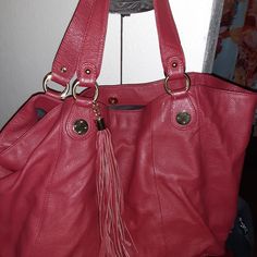 Red Leather With Tassel On Side Barely Used In New Like Condition Turquoise Handbags, Bag With Tassel, Fringe Handbags, Red Leather Bag, Large Handbag, Satchel Tote Bag, Blue Handbags, Red Handbag, Black Leather Purse