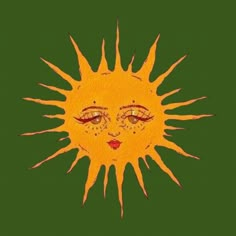 a drawing of the face of a sun on a green background