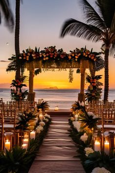 an outdoor wedding set up with candles and flowers on the aisle, overlooking the ocean