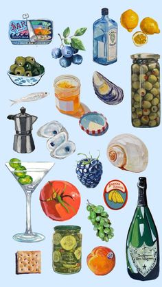 a painting of various types of food and drinks on a blue background, including olives