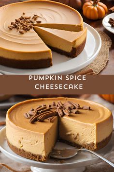 pumpkin spice cheesecake on a plate with one slice cut out